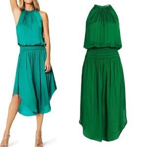 Ramy Brook Women's Size XS Green Satin Audrey Smocked Midi Dress Party Wedding